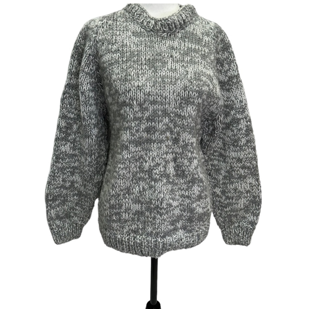 Handmade Hand KNIT Grey Wool Chunky Pullover Sweater Size L